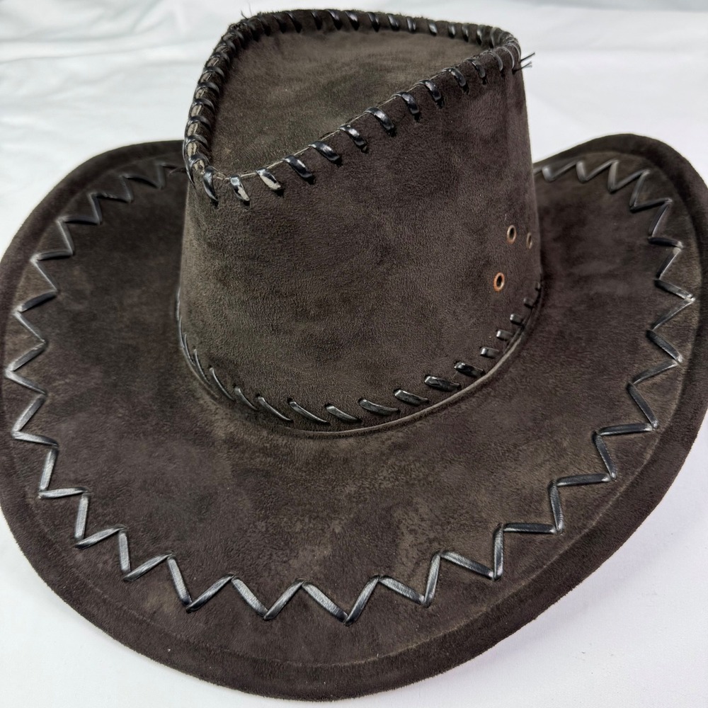 Mens Brown Faux Suede Cowboy Hat Western Outback Whipstitch Detail costume